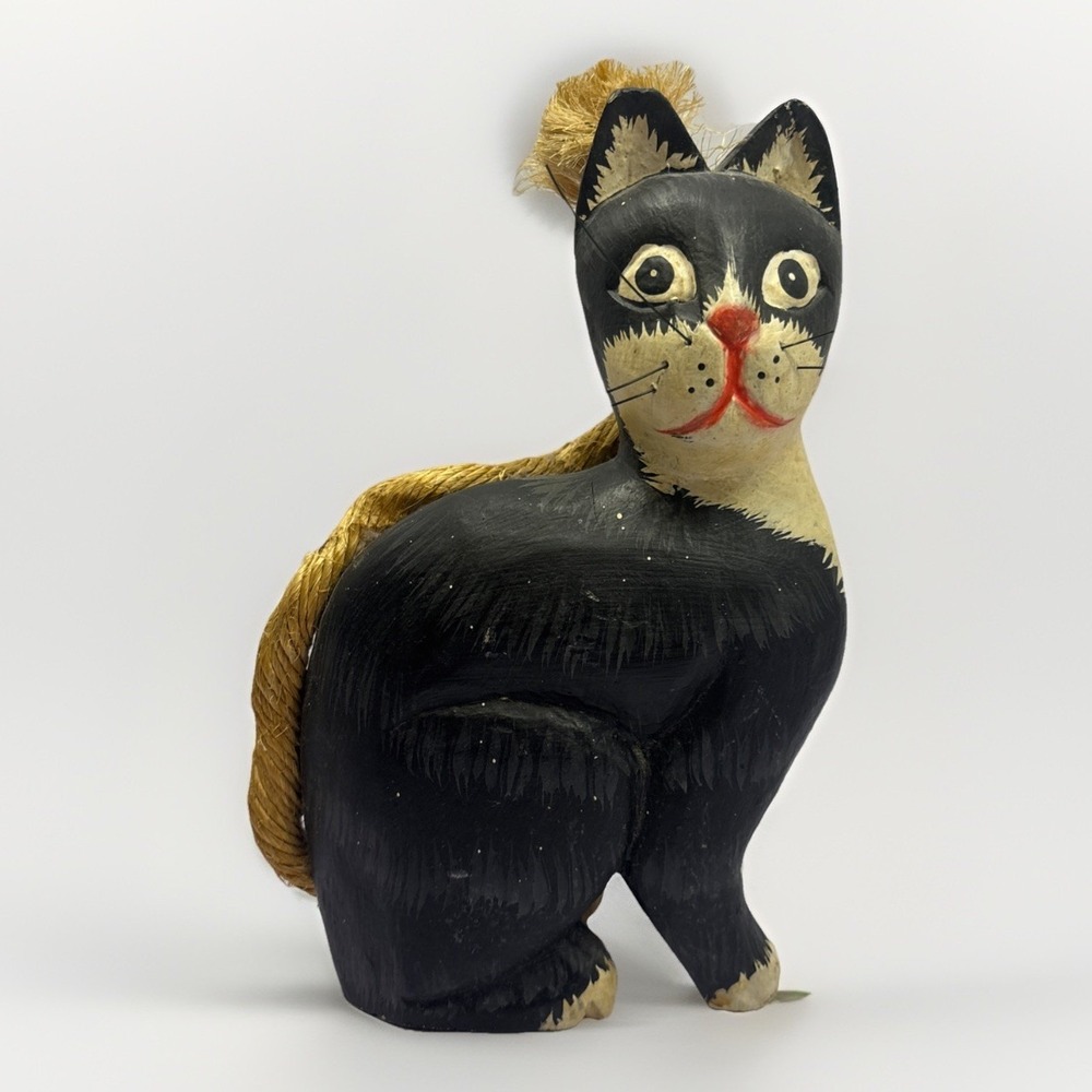 Handmade Carved Wooden Figurine Statue Black Tabby Cat Home Decor‎ Folk Art 8"